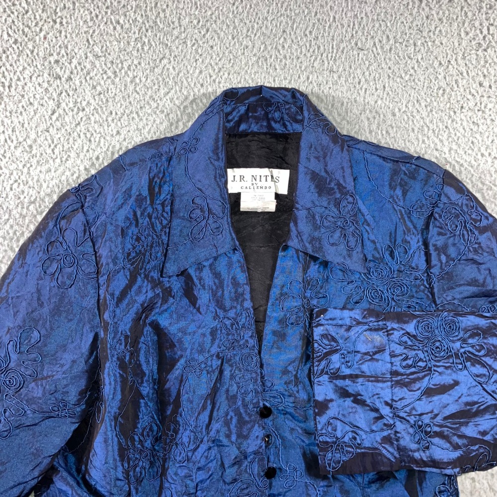 J.R. Nites Blazer Women 10 Navy Blue Floral Jacquard Metallic Evening Jacket Vtg